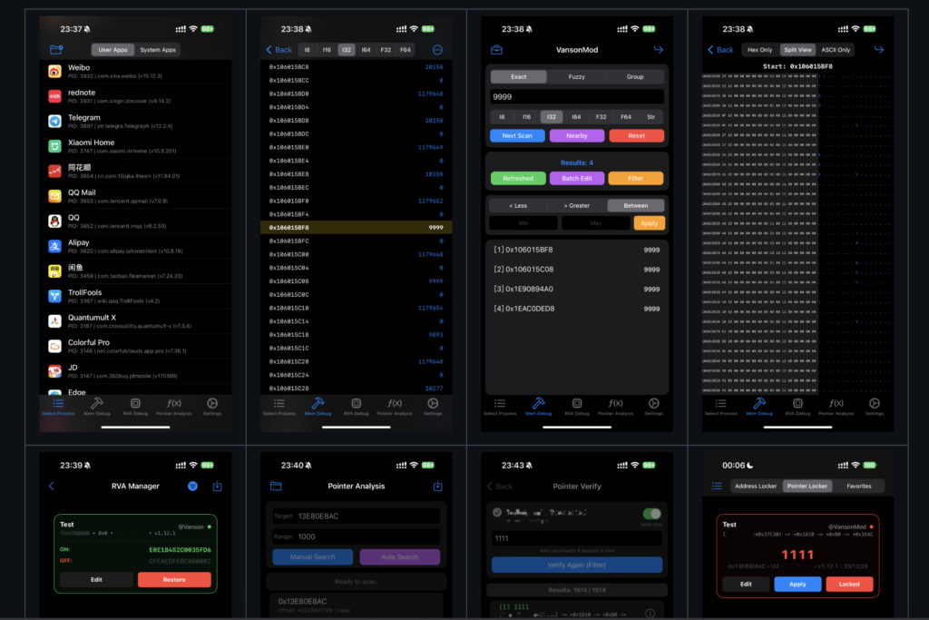 VansonMod: OS memory editor, iOS pointer analysis, RVA patcher, and process manager for TrollStore